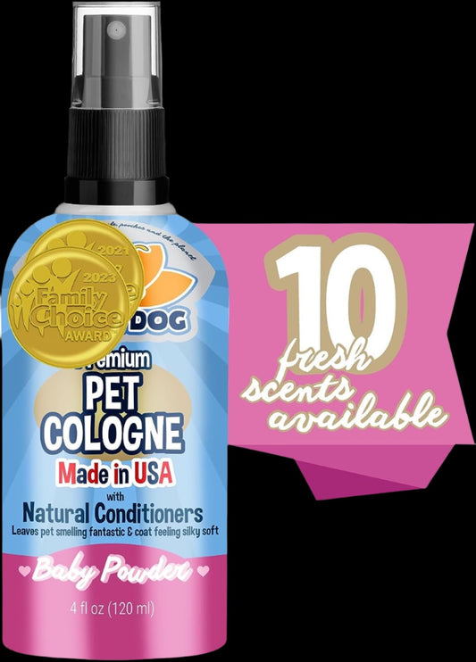 Natural Dog Cologne | Premium Scented Deodorizing Body Spray for Dogs & Cats | Dog Perfume W/Natural Dog Conditioner (Baby Powder, 4 Fl Oz)